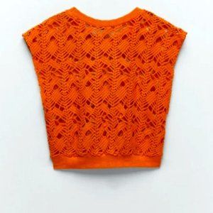 Zara NWT Crochet Knit Sleeveless Top in Orange Size Large New With Tags